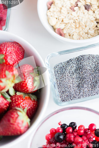 Image of close up of fruits and berries in bowl on table