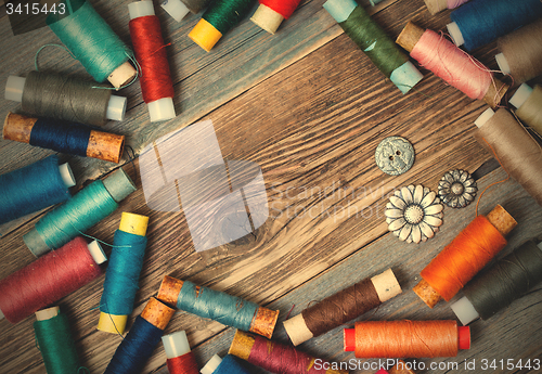 Image of vintage reels of assorted thread and old buttons