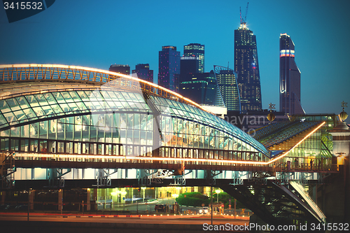 Image of part of bridge and Moscow City towers