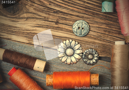 Image of vintage reels of varicolored thread and old buttons