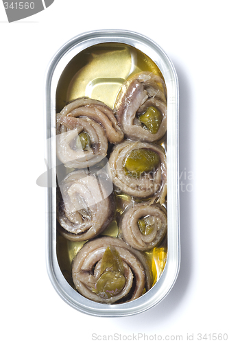Image of rolled anchovies in can