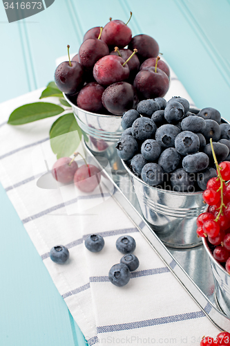 Image of Cherries in blue wooden table
