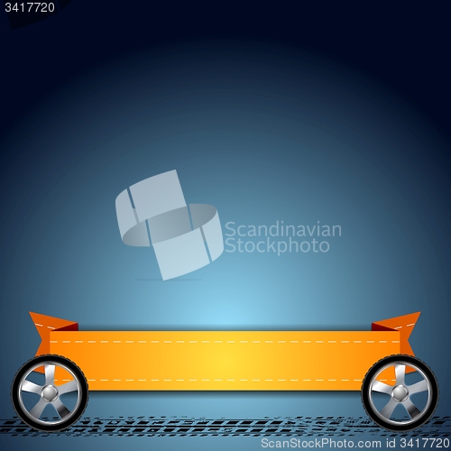 Image of Wheels, grunge tire track and orange ribbon abstract background