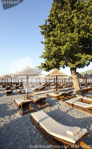 Image of plank beds on a beach  