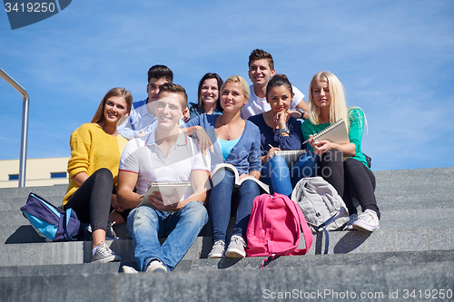 Image of students outside sitting on steps