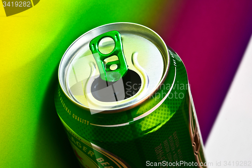 Image of Closeup picture of a green beer can