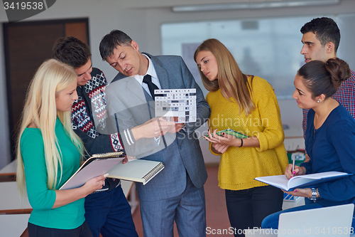 Image of group of students working with teacher on  house model