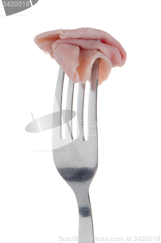 Image of Slice of ham skewered on a fork 