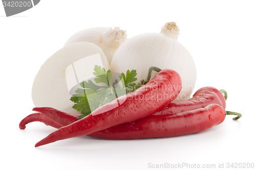 Image of Onion, chilli peppers and parsley