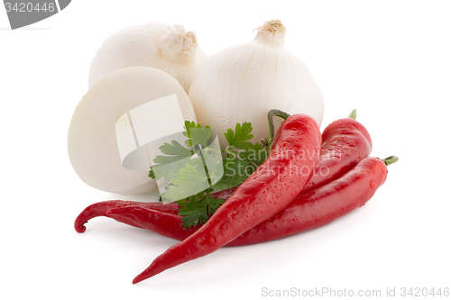 Image of Onion, chilli peppers and parsley