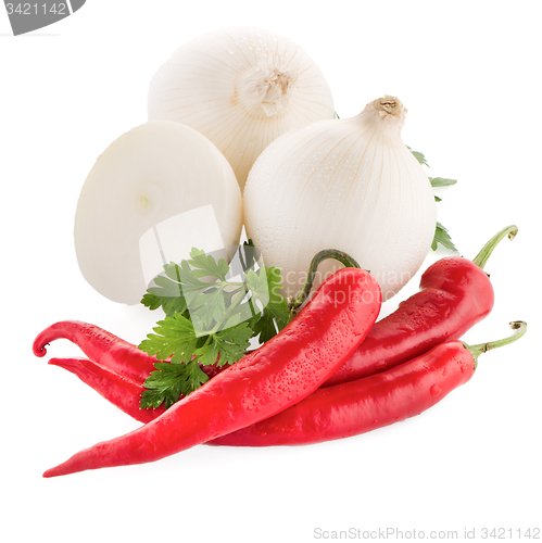 Image of Onion, chilli peppers and parsley
