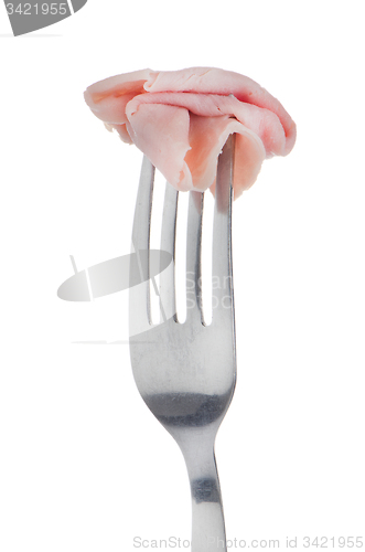 Image of Slice of ham skewered on a fork 