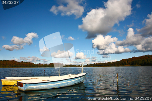 Image of Colorful boats on a lake with cloudy blue sky in Denmark