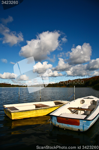 Image of Colorful boats on a lake with cloudy blue sky in Denmark