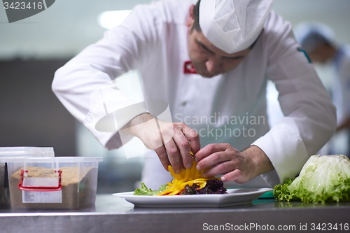 Image of chef in hotel kitchen preparing and decorating food