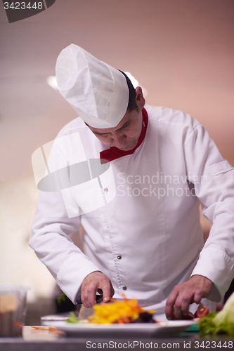 Image of chef in hotel kitchen preparing and decorating food