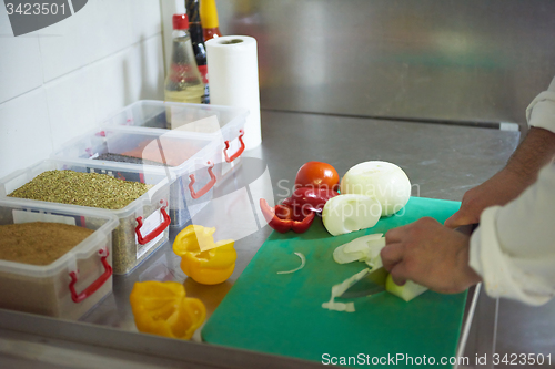 Image of chef in hotel kitchen  slice  vegetables with knife