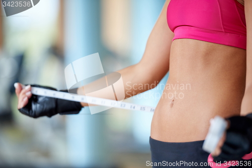 Image of young fit woman measuring belly