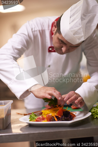 Image of chef in hotel kitchen preparing and decorating food