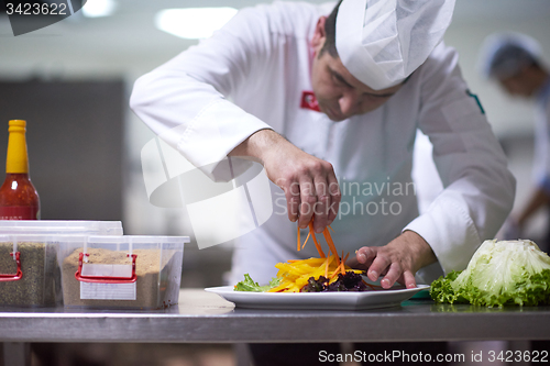 Image of chef in hotel kitchen preparing and decorating food