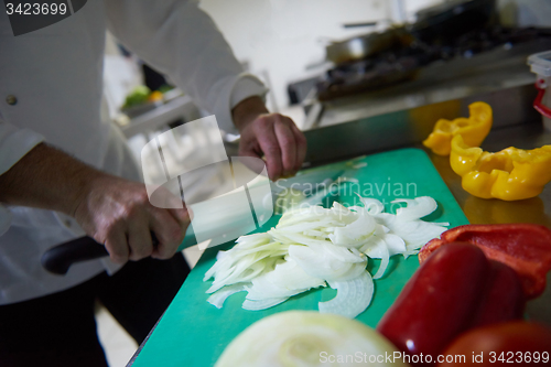 Image of chef in hotel kitchen  slice  vegetables with knife