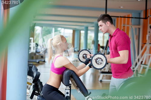 Image of young sporty woman with trainer exercise weights lifting
