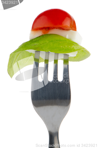 Image of Caprese salad on the fork