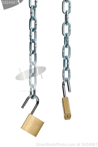 Image of Two open padlock and chain 