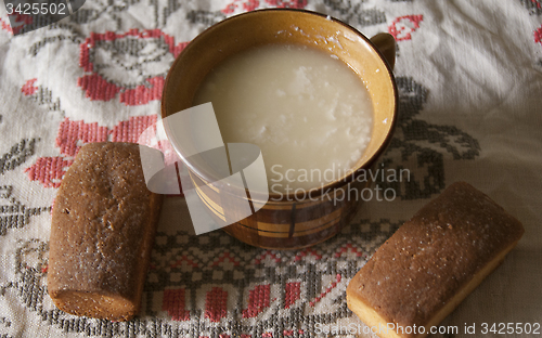 Image of two soft biscuits with some sour milk 