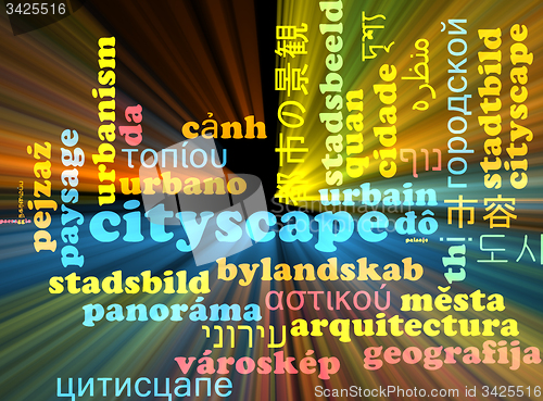 Image of Cityscape multilanguage wordcloud background concept glowing