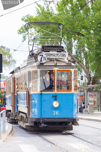 Image of Vintage wooden blue tram, Stockholm, Sweden, Europe.