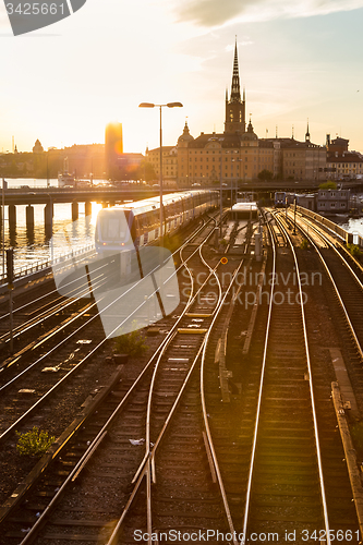 Image of Railway tracks and trains in Stockholm, Sweden.