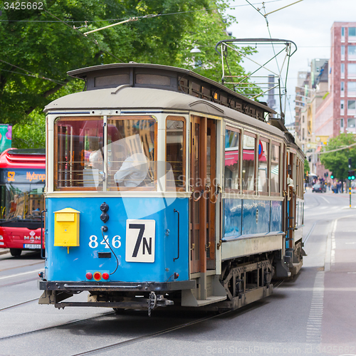 Image of Vintage wooden blue tram, Stockholm, Sweden, Europe.