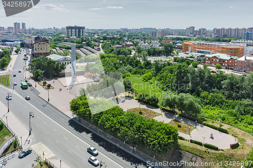 Image of Historical center on coast Tura river. Tyumen