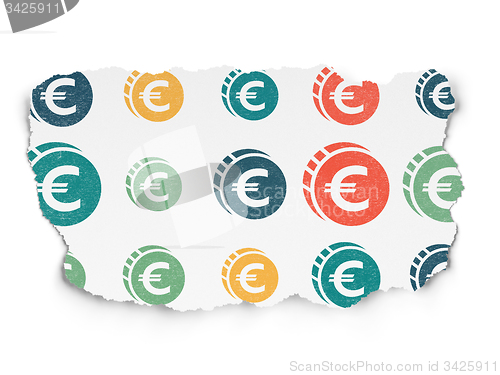 Image of Currency concept: Euro Coin icons on Torn Paper background