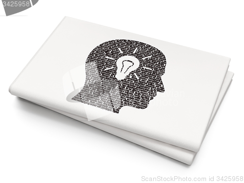 Image of Information concept: Head With Light Bulb on Blank Newspaper background