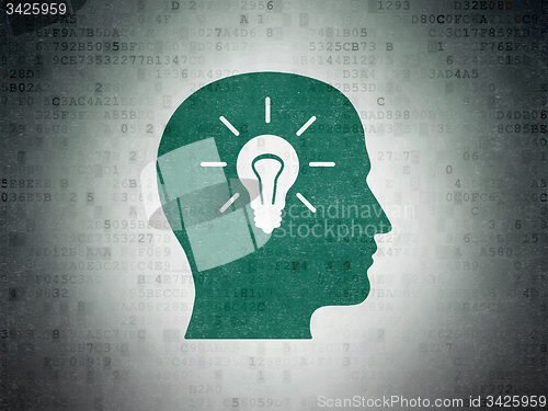 Image of Data concept: Head With Light Bulb on Digital Paper background