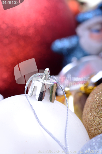 Image of Group of close up red and white christmas balls, new year concept