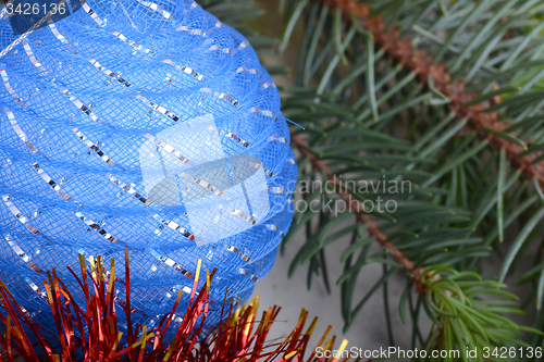 Image of Christmas Baubles with tree branch, new year holiday concept 