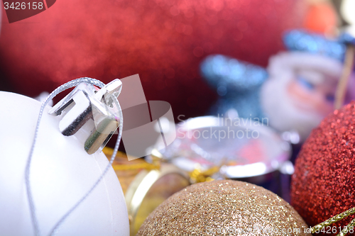 Image of Group of close up red and white christmas balls, new year concept