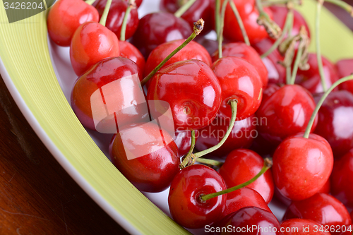 Image of Cherries on green table close up 