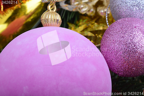 Image of Christmas Baubles with tree branch, new year holiday concept 