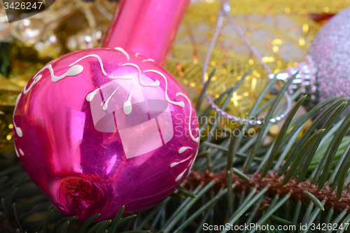 Image of Christmas Baubles with tree branch, new year holiday concept 