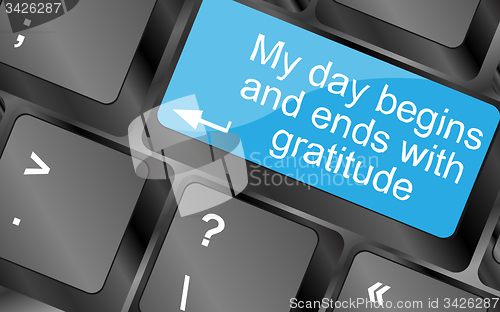 Image of My day begins and ends with gratuide. Computer keyboard keys with quote button. Inspirational motivational quote. Simple trendy design