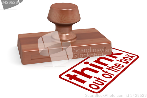 Image of Wooden stamp think out of the box with red text