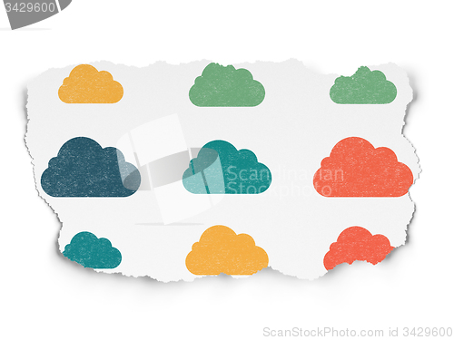 Image of Cloud computing concept: Cloud icons on Torn Paper background
