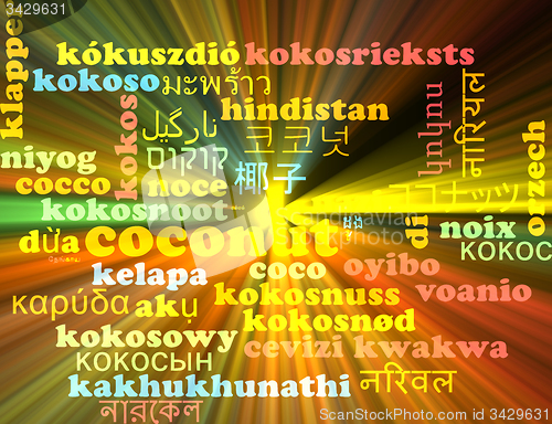 Image of Coconut multilanguage wordcloud background concept glowing