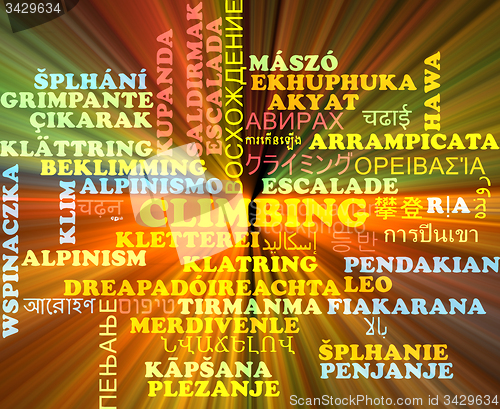 Image of Climbing multilanguage wordcloud background concept glowing