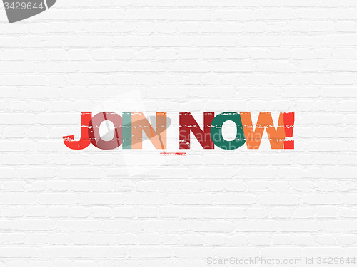 Image of Social media concept: Join now! on wall background