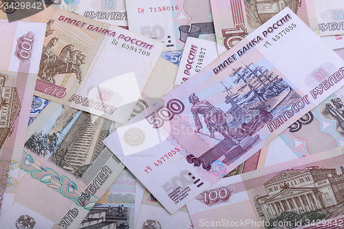 Image of Russian money background. Rubles banknotes closeup texture